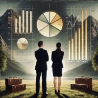 Deux investisseurs en tenue professionnelle analysant des graphiques de diversification financière avec des montagnes en arrière-plan. Les graphiques montrent des répartitions d'actifs, incluant un diagramme circulaire et des barres, symbolisant la gestion stratégique de portefeuille selon les principes de Harry Browne.