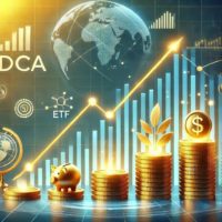 Illustration moderne représentant des stratégies d'investissement à long terme avec DCA et ETF, incluant une courbe ascendante, des pièces de monnaie et des icônes de diversification, dans un design bleu et apaisant.