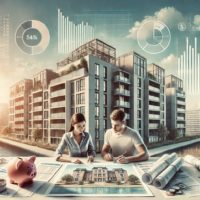 Une illustration représentant un couple débutant en investissement immobilier, travaillant sur des plans architecturaux. En arrière-plan, un immeuble moderne symbolise un projet concret, tandis que des éléments comme une tirelire et des documents évoquent l'analyse et la planification stratégique.