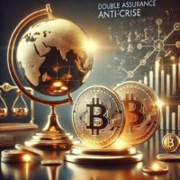 Pièce d'or physique et symbole Bitcoin lumineux en or côte à côte sur un fond sombre, entourés d'une lueur. En arrière-plan, graphiques financiers et globe stylisé.