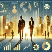 Professionnels marchant dans une ville moderne, symbolisant la possibilité d'investir dans l'immobilier avec succès tout en poursuivant une carrière active.