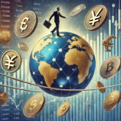 Illustration conceptuelle de la diversification monétaire en investissement. Un globe entouré de pièces représentant différentes devises internationales (dollar, euro, yen, franc suisse). Un investisseur en costume marche sur un fil tendu, symbolisant la gestion des risques et la stabilité financière. En arrière-plan, des graphiques financiers illustrent la volatilité des marchés.