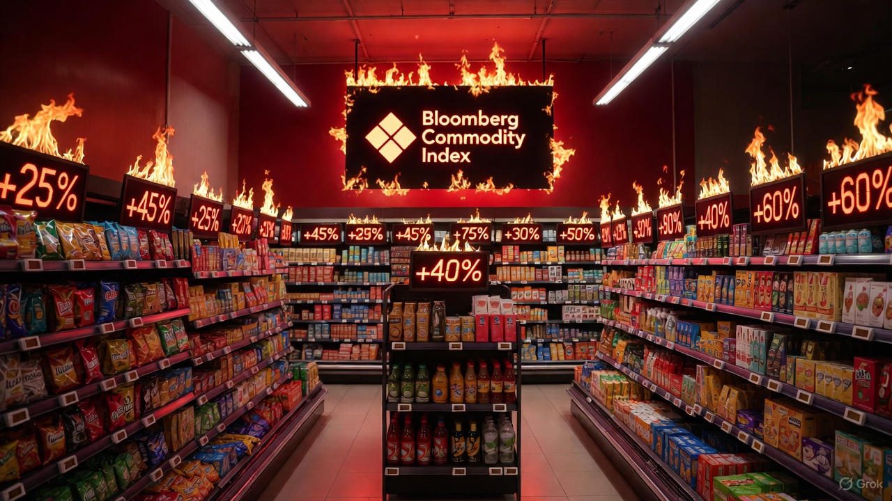 Rayon de supermarché avec prix en hausse et panneau “Bloomberg Commodity Index” en flammes, symbole de la flambée des matières premières et de l’inflation.